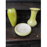 MOORCROFT, yellow lustre 26cm diameter circular bowl, together with 2 similar glazed large vases,