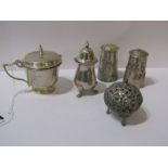 SILVER CONDIMENT WARE, pair of Eastern silver "Village" design pepperettes, also a similar spherical