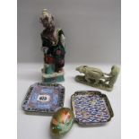 CANTON ENAMEL, 2 enamelled ash trays, also oriental carved soapstone group, "farmer with water