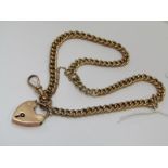 GOLD CURB LINK WATCH CHAIN, with padlock clasp, 14" watch chain and padlock clasp both stamped