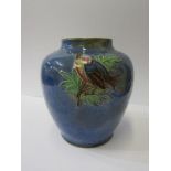 DOULTON STONEWARE, blue slip glaze raised bird design, 14cm vase