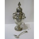 VICTORIAN SILVER ORNATE PEDESTAL CONDIMENT BOTTLE, with 4 lug handles and floral embossed lid with