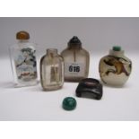 ORIENTAL SNUFF BOTTLES, collection of 4 oriental snuff bottles, 1 decorated cranes, another of