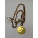 GOLD WATCH CHAIN mounted a Guinea, 1787 gold Guinea on a 9ct rose gold curb link watch chain, 16",