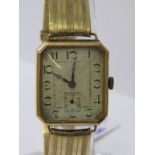 9ct GOLD CASED DECO STYLE WRIST WATCH on gold back and front buckle style bracelet, overall weight