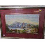 19th CENTURY ENGLISH SCHOOL, unsigned watercolour, "Highland Lake and Castle", 30cm x 53cm