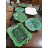VICTORIAN MAJOLICA, collection of 5 green glazed leaf dishes and plates and 1 similar