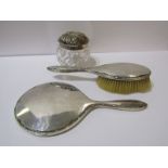 SILVER EMBOSSED LIDDED SPHERICAL GLASS POWDER BOWL; also silver backed hand mirror with matching