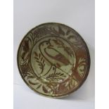 STUDIO POTTERY, Wenford Bridge pottery, bird decorated slip glazed stoneware 33cm diameter dish by