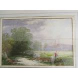 THOMAS DINGLE JUNIOR, signed watercolour "Mother and Child walking beside River at Newton Ferrers,
