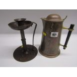 ARTS & CRAFTS 19cm CHAMBER STICK, together with a copper and brass circular tapering coffee pot with