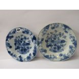 ANTIQUE DELFT, pair of "Garden" design blue delft deep centre dishes (1 with hairline crack and some