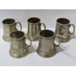 MINIATURE SILVER TROPHY TANKARDS, 5 engraved glass bottom silver trophy tankards, assay marks rubbed