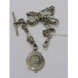 SILVER POCKET WATCH CHAIN, 13" with medallion fob with Safety and Efficiency United Pointsman and