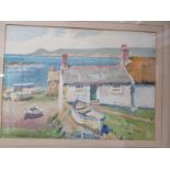 JAMES MARSHALL HESELDIN, signed watercolour "Cottages at Sennon Cove", 17cm x 23cm