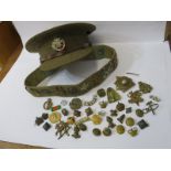 WWII SERVICE CAP, trophy belt, etc, DCLI WWII khaki service cap, with cap badge, a WWII web trophy