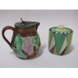 CLARICE CLIFF, geometric pattern cylindrical preserve pot and cover; also Victorian majolica small