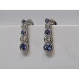 DIAMOND & TANZANITE DROP EARRINGS, pair of 18ct white gold drop earrings, each set 5 graduated