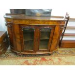 VICTORIAN BURR WALNUT CREDENZA, twin glazed central cabinet section with foliate carved cresting,