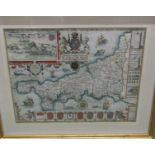 17th CENTURY CORNISH MAP, John Speed engraved and hand coloured map of Cornwall, 38cm x 50cm,