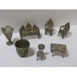 MINIATURE SILVER FURNITURE, Continental silver table and chair, together with 3 piece ornate white