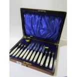 VICTORIAN CASED FRUIT EATERS, set of 6 pairs of mother-of-pearl handled and silver bladed fish