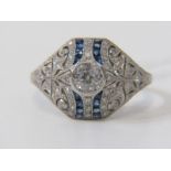 ART DECO STYLE DIAMOND & SAPPHIRE RING, principal diamond approx. 0.50 carat, with further 0.25