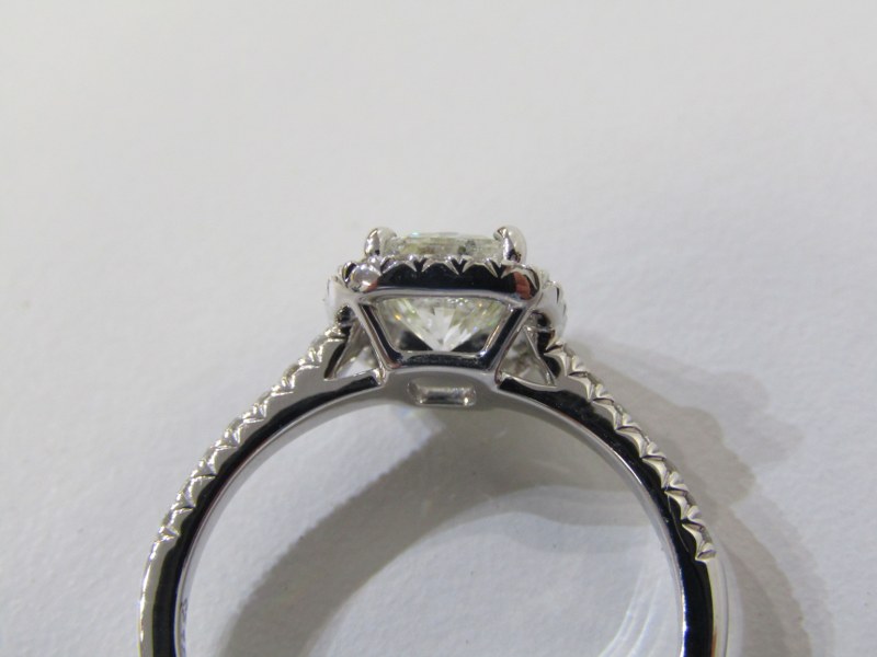 18ct WHITE GOLD DIAMOND SOLITAIRE RING, principal fancy cushion cut diamond set in diamond halo - Image 5 of 5