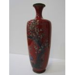 CLOISONNE cinnamon ground 31cm vase decorated with prunus blossom trees and birds (damaged)