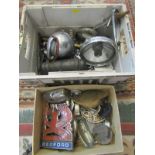 VINTAGE CAR PARTS, 2 boxes including MG items, Lucas bulb holder and car badges