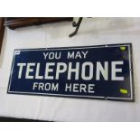 ANTIQUE ENAMEL SIGN, double sided enamel sign, "You May Telephone From Here", 22cm x 56cm
