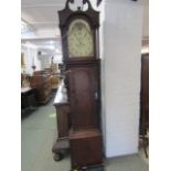 EARLY 19th CENTURY 8 DAY LONGCASE CLOCK, painted break arch face with inset maritime window,