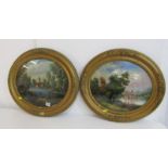 Pair of reverse glass oval oil paintings of figures beside a river with buildings beyond, 33cm x