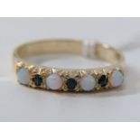 9ct YELLOW GOLD OPAL & SAPPHIRE RING, 4 cabochon cut opals, each separated by a brilliant cut