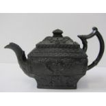 GEORGIAN BASALT TEA POT, rectangular body with relief cornucopia flower design, impressed 'Riley' (