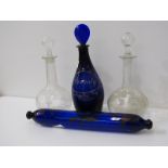 GEORGIAN BRISTOL BLUE BRANDY DECANTER & STOPPER; also pair of Mary Gregory decanters and Bristol