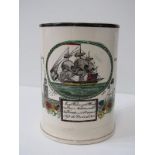 GEORGIAN CREAMWARE, frog mug by Dawson, "Peace and Plenty" enamel transfer, (hairline crack), 15cm