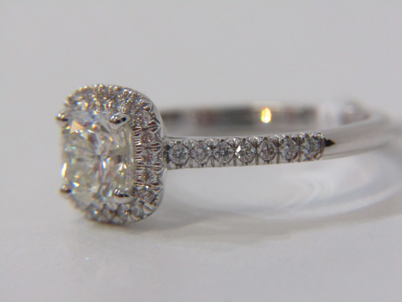 18ct WHITE GOLD DIAMOND SOLITAIRE RING, principal fancy cushion cut diamond set in diamond halo - Image 2 of 5