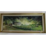 Oil painting on canvas of a horse racing track, signed J Lemonnier, 37cm x 100cm