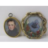 2 ANTIQUE BROOCHES, 1 portrait of Young Gentleman sporting fabulous sideburns, other a multi media