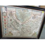 JOHN SPEED, 17th Century hand coloured engraved map "The Countye Palatine of Chester", double
