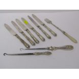 2 ANTIQUE SILVER HANDLED BUTTON HOOKS; also 6 silver handled tea knives, antique mother-of-pearl