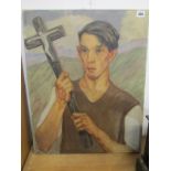 A. E. WALKE, signed oil on canvas, portrait of man with crucifix, 62cm x 48cm