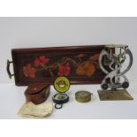 ANTIQUE POCKET BAROMETER, a leather cased military pocket compass "The Magnapole"; also floral