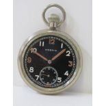 MILITARY POCKET WATCH, by Moeris, black dial watch, stamped GSTP to rear, (no glass)