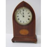 EDWARDIAN INLAID MAHOGANY MANTEL CLOCK, arch body with French 8 day movement, 24cm height