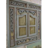 ORNAMENTAL MIRROR, a painted & carved pierced window framed mirror, 89cm x 79cm