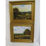 Pair of oil paintings on canvas of English harvest landscapes, signed Church, 32cm x 41cm