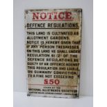 ANTIQUE ENAMEL SIGN, "Notice Defence Regulations - National Allotment Society Ltd", 33cm x 20cm
