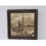 VICTORIAN PICTORIAL POTTERY TILE, "Riverscape", 22cm height